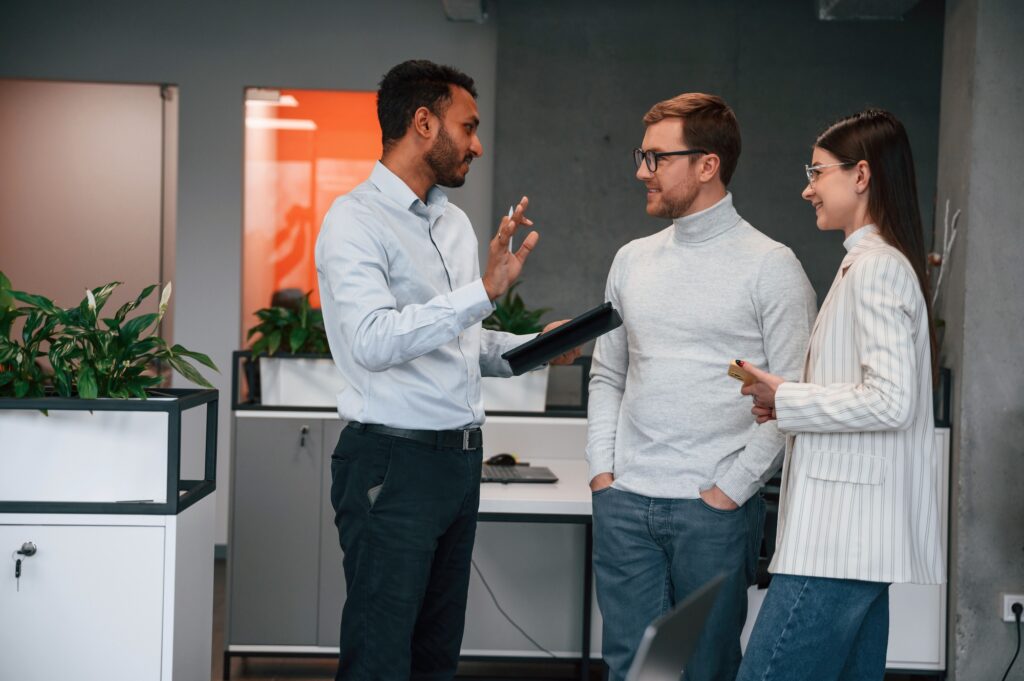 Financial questions. Couple are in the office, getting consulted by a manager